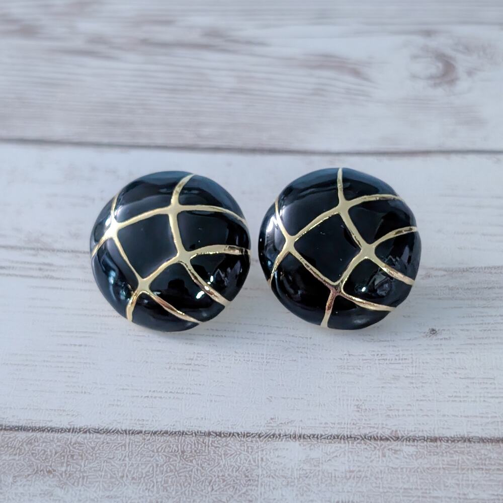 Vintage Clip On Earrings Statement Black & Gold Tone Circle